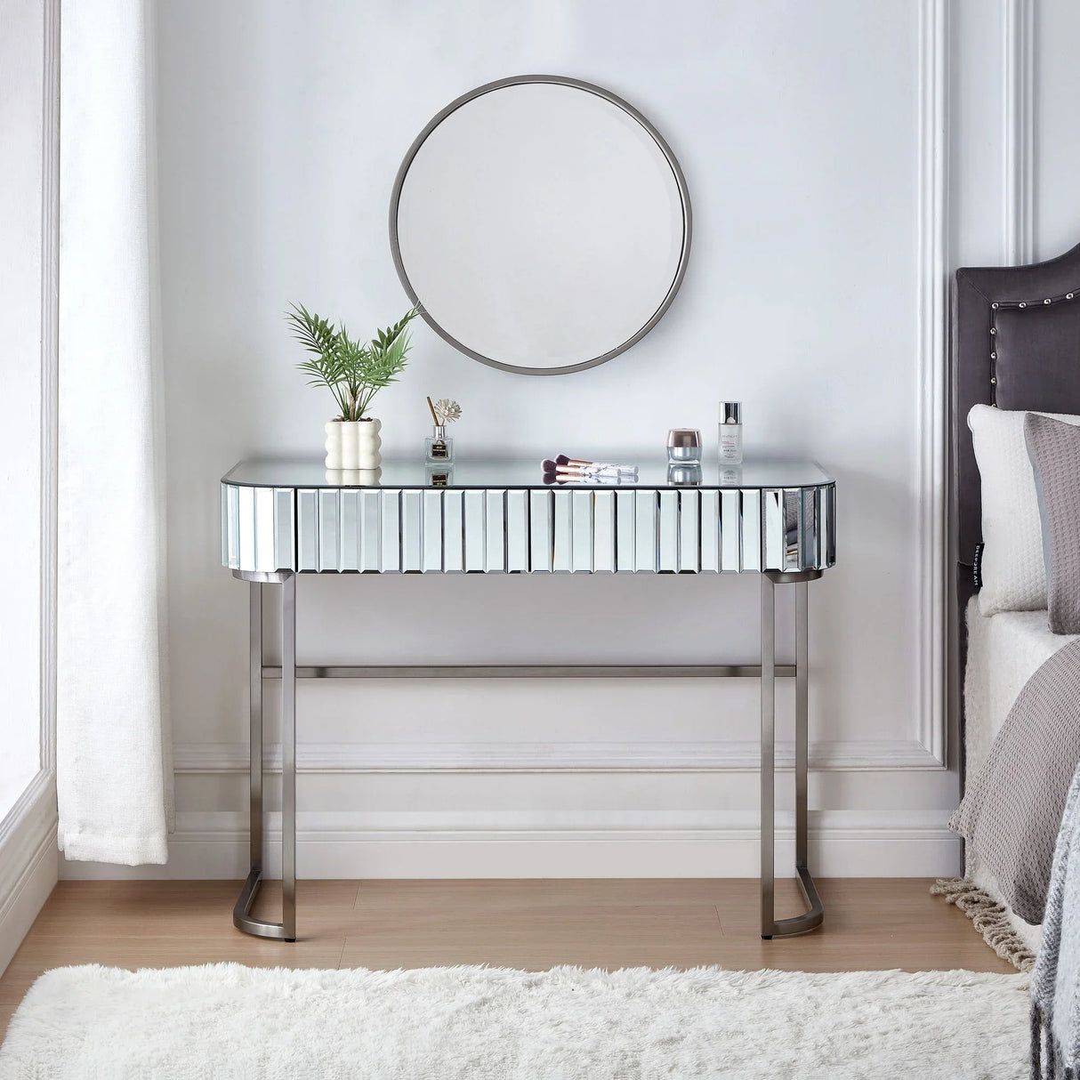 Mirrored Makeup Vanity Table With Stainless Steel Base And 2 Drawers - Furniture Home Direct