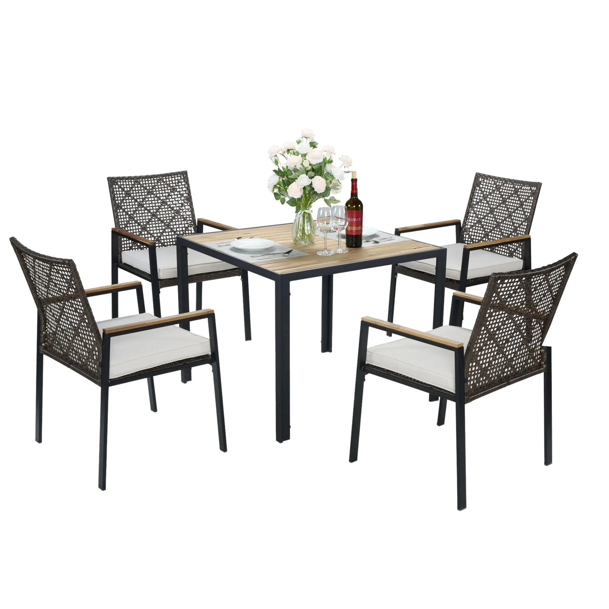 5 Piece Patio Dining Table Set, Acacia Wood Table Top With Umbrella Hole - Furniture Home Direct