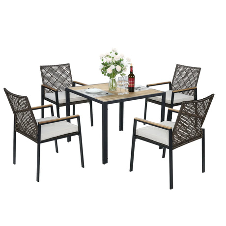5 Piece Patio Dining Table Set, Acacia Wood Table Top With Umbrella Hole - Furniture Home Direct