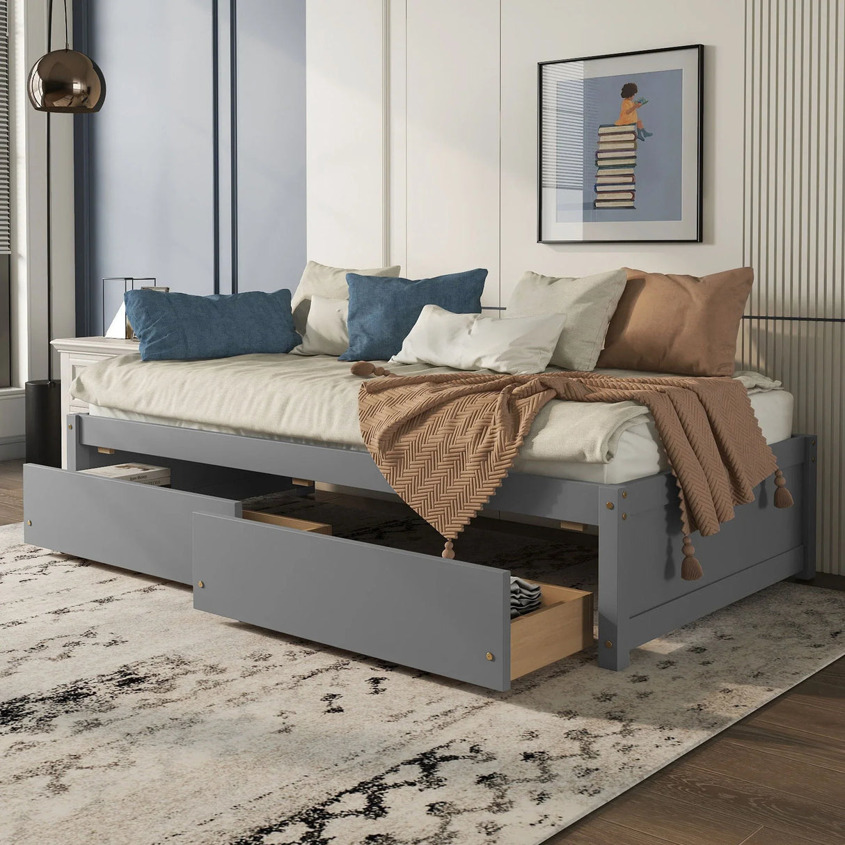 Twin Bed With 2 Drawers, No Box Spring Needed - Gray - Furniture Home Direct