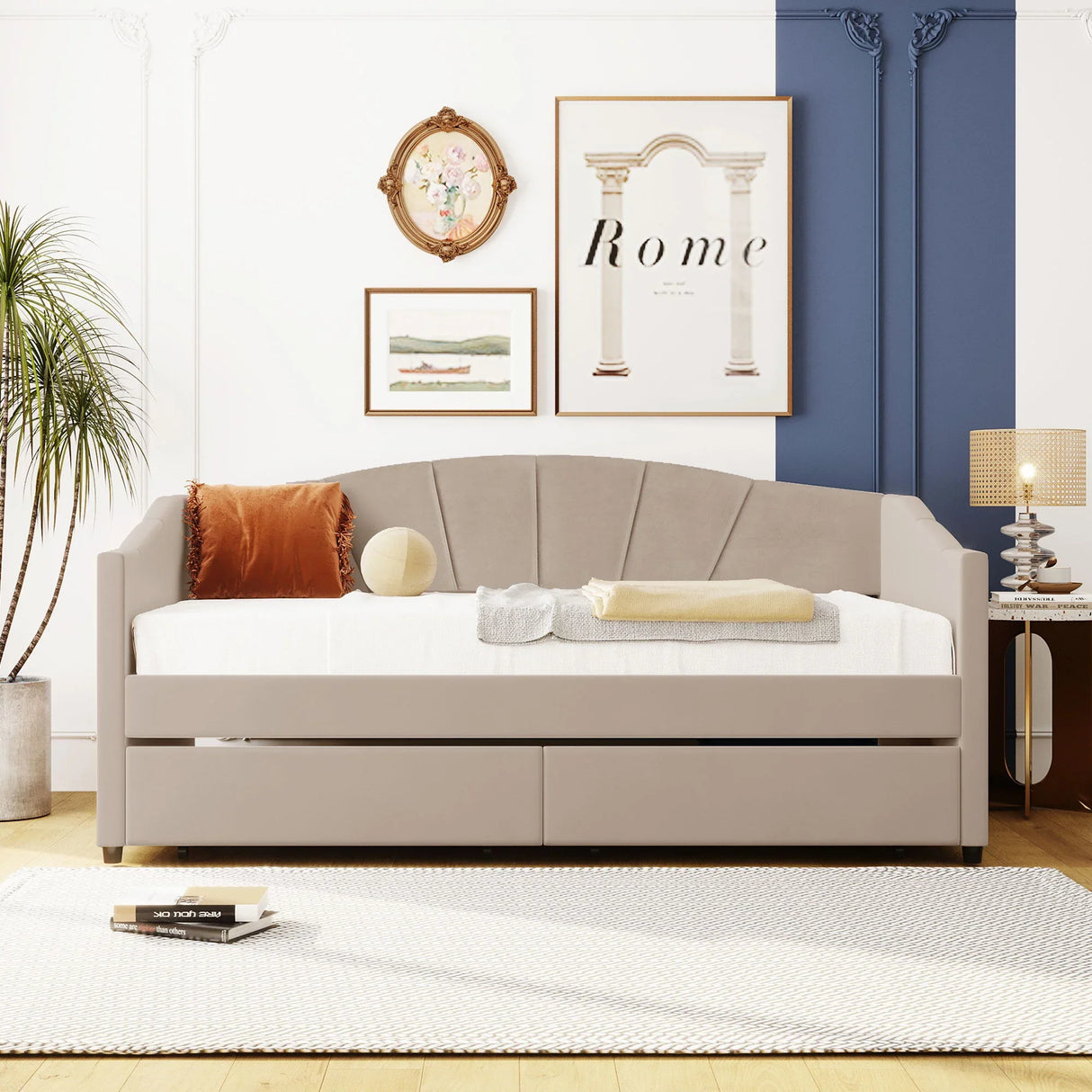 Upholstered Daybed With Two Drawers And Wood Slat - Furniture Home Direct