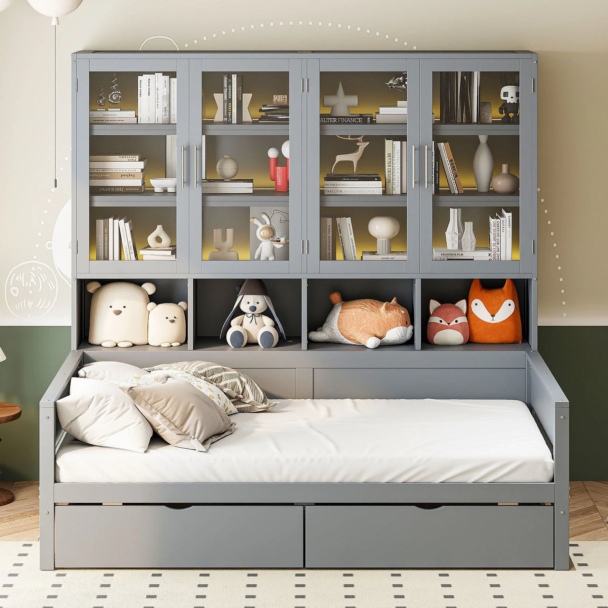 Daybed With Glass Door Storage Cabinets, Built In LED Lighting And Shelves - Furniture Home Direct