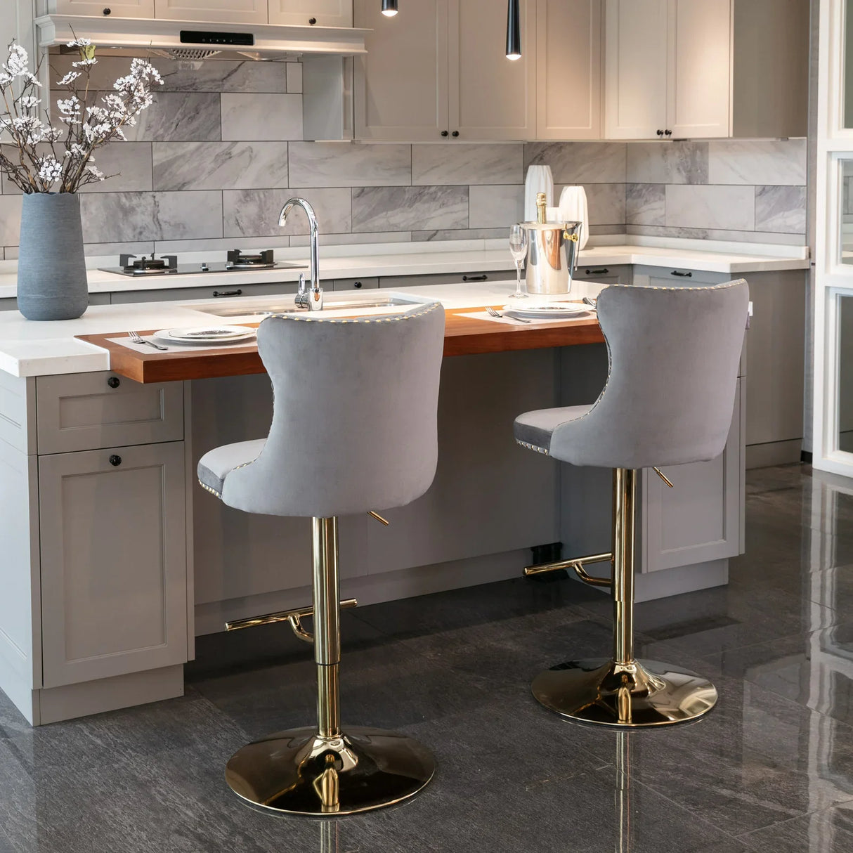 Bar Stools Velvet Upholstered Swivel Backed Set Of 2 Gray - Furniture Home Direct