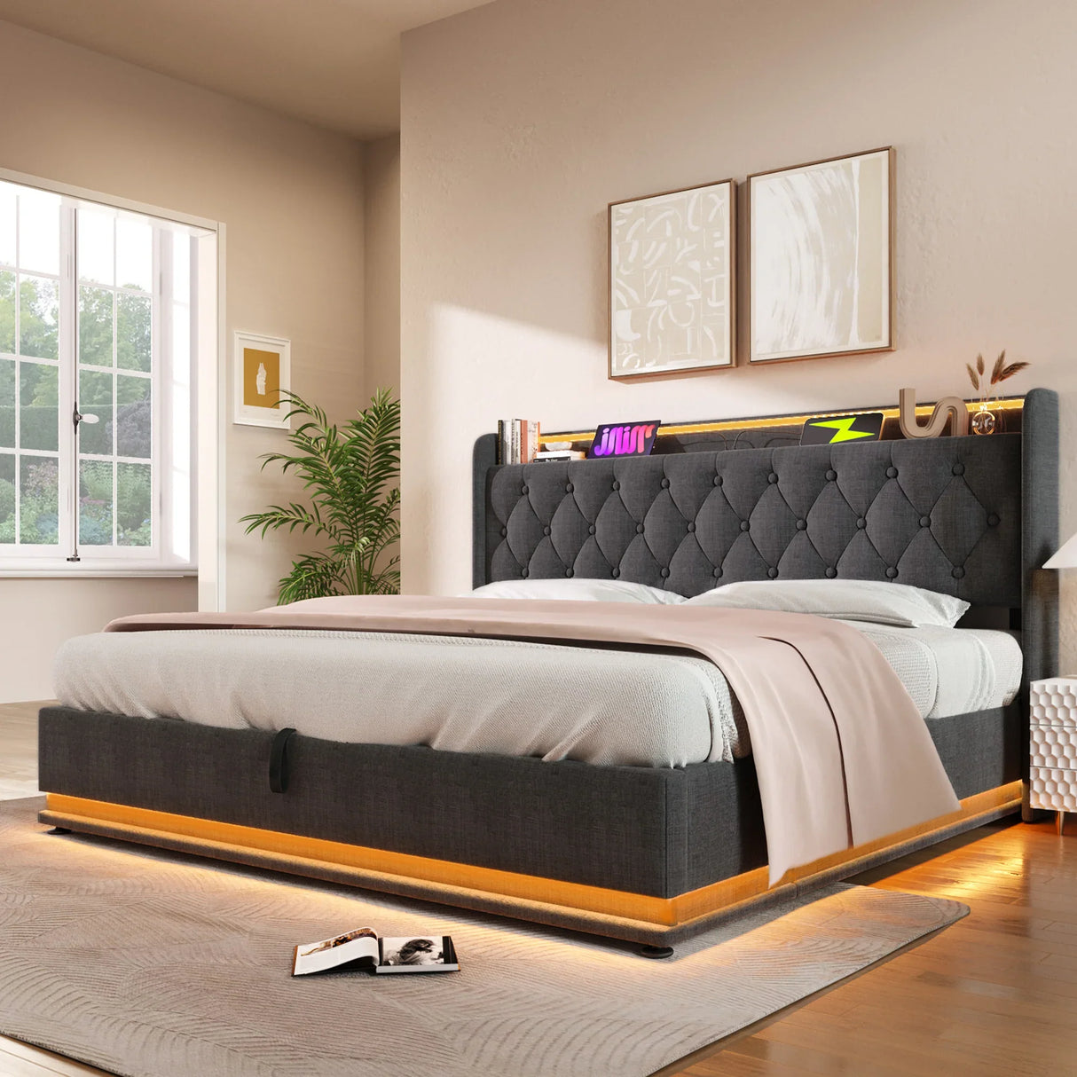 King Bed LED 360 Surround Lighting Storage USB Type C Gray - Furniture Home Direct