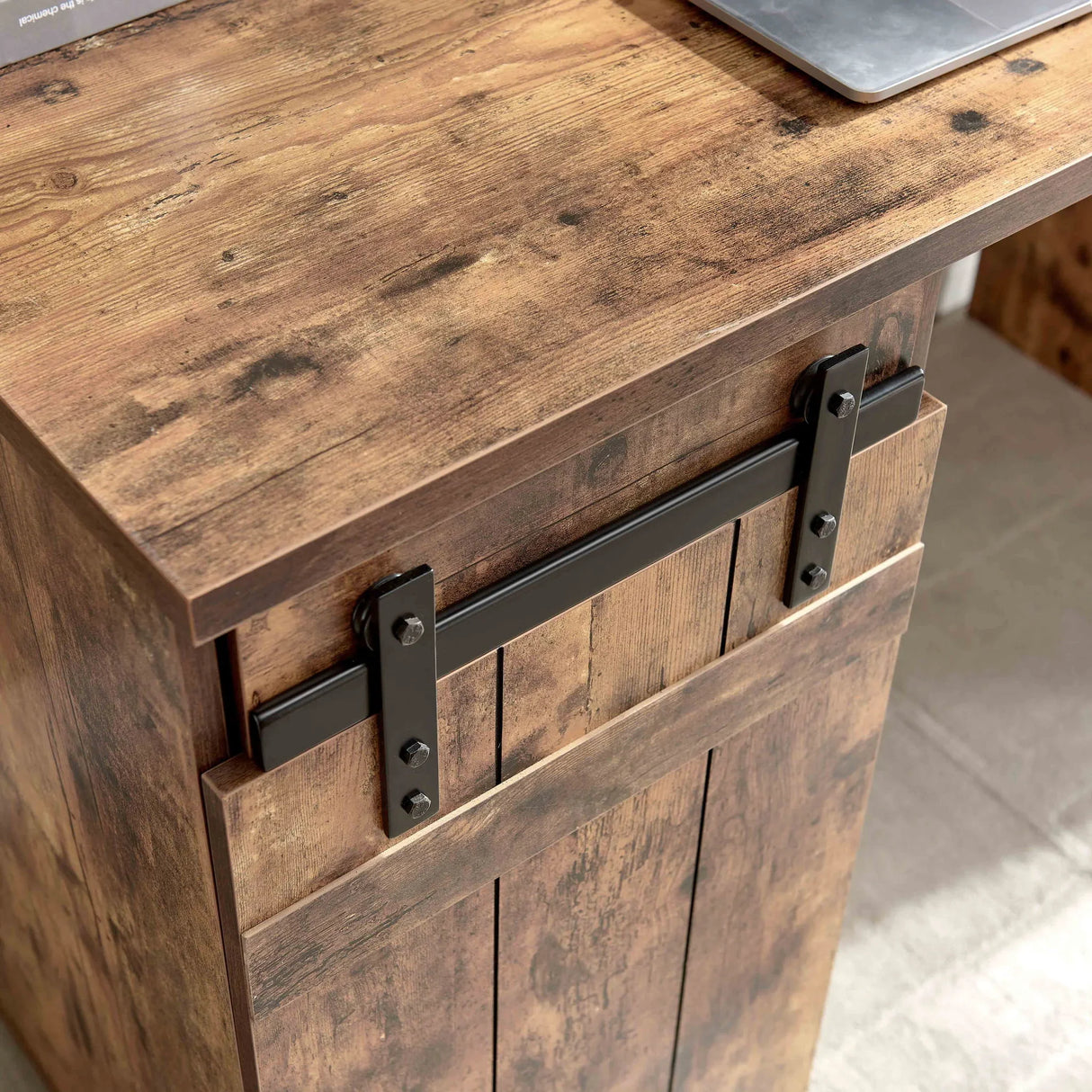 Home Office Desk One Cabinet Three Shelves Faux Barn Door On Metal Euro Hinges Modesty Panel - Distressed Wood - Furniture Home Direct