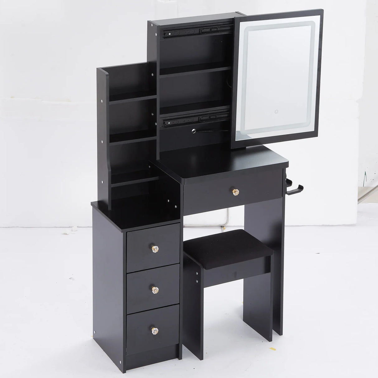 Vanity Desk With Cushioned Stool Lighted Mirror Black - Furniture Home Direct
