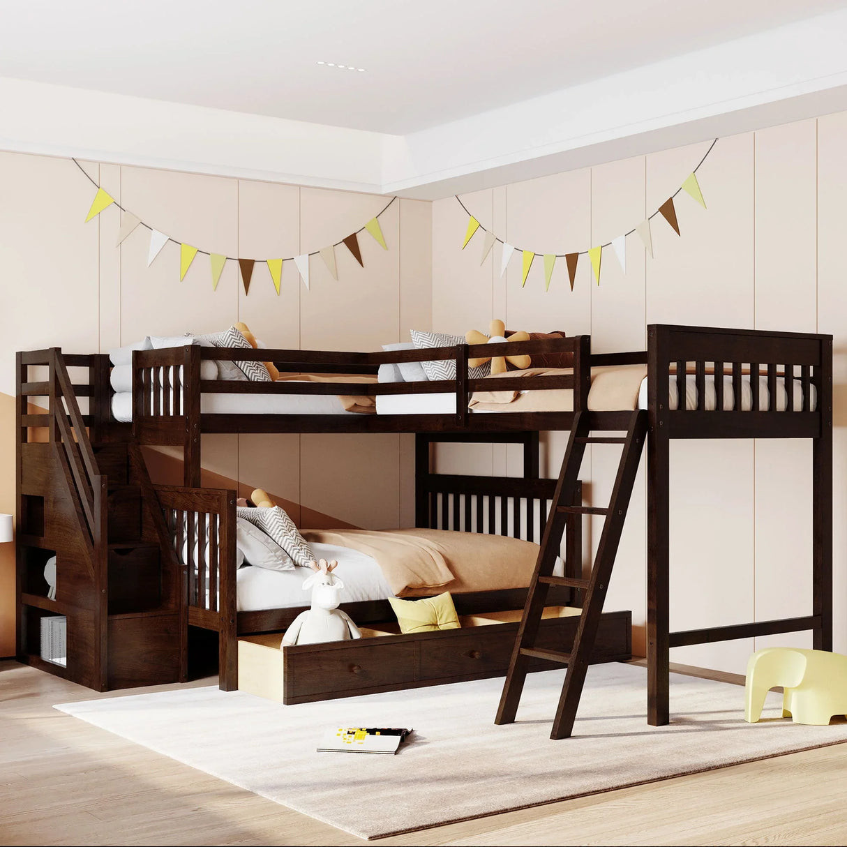 Solid L Shaped Bunk Bed With 3 Drawers, Ladder And Staircase - Furniture Home Direct