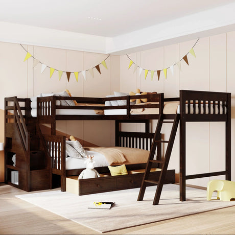 Solid L Shaped Bunk Bed With 3 Drawers, Ladder And Staircase - Furniture Home Direct