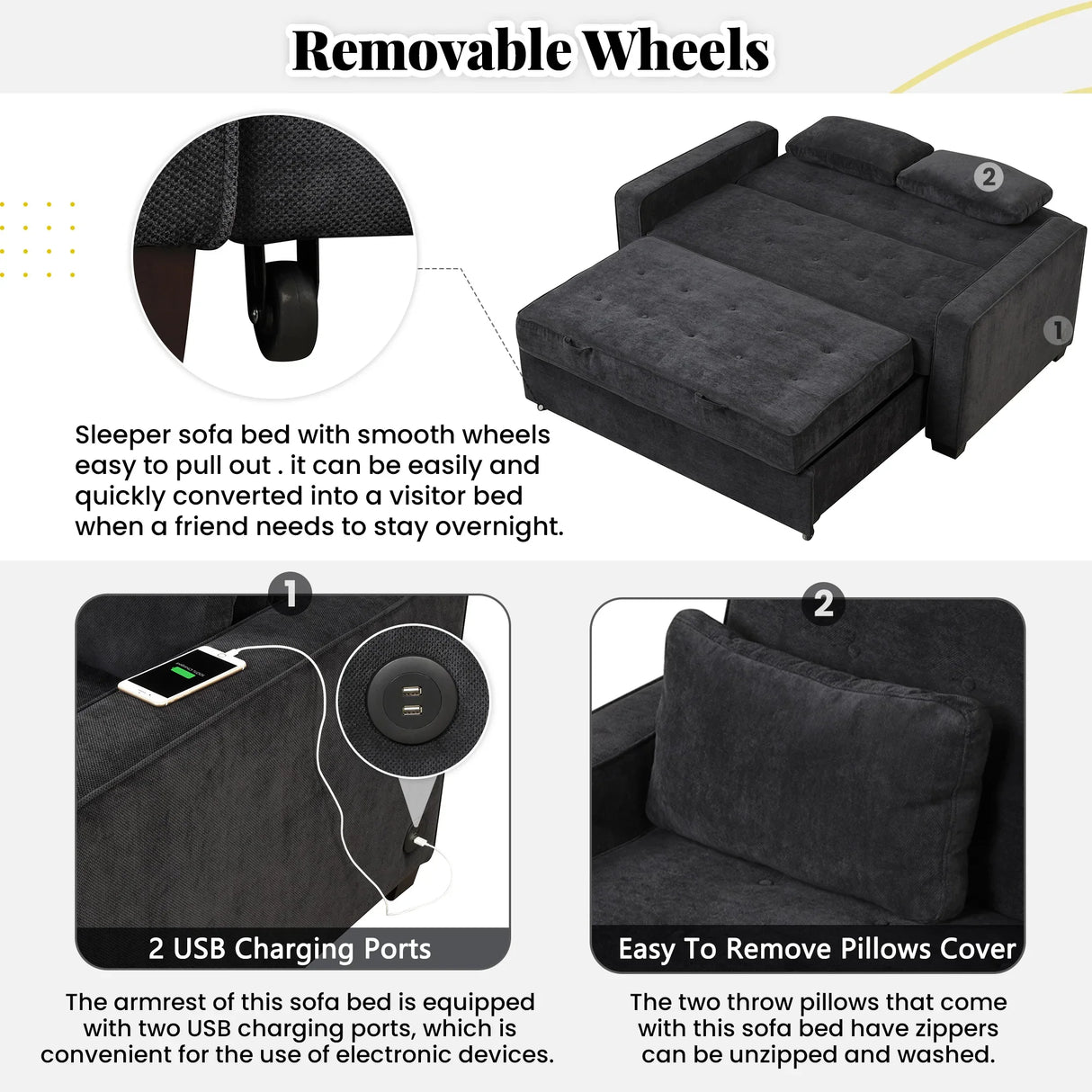 66.5" Upholstered Loveseat With Pull Out Bed, Two Throw Pillows, Dual USB Charging Port and Adjustable Backrest - Black - Furniture Home Direct