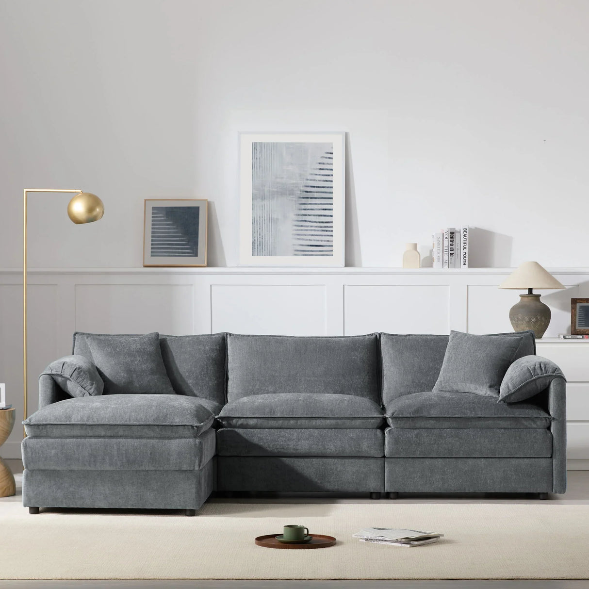 Modular Sectional With Deep And Wide Seat, Cloud Couch Set With Double Cushions Sofa With Movable Ottoman - Furniture Home Direct