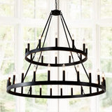 2 Tiers Wagon Wheel Chandelier Wooden Farmhouse 36 Light (24 / 12) Or (12 / 24) Metal Chandeliers 2 Story Light Fixtures Industrial For High Ceiling Living Dining Room Foyer, Adjustable Height - Black - Furniture Home Direct