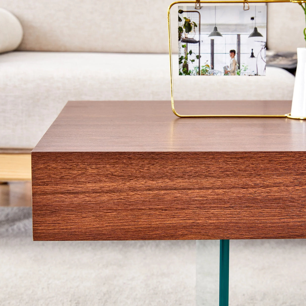 Coffee Table Faux Wood Top Glass Legs Modern Walnut - Furniture Home Direct