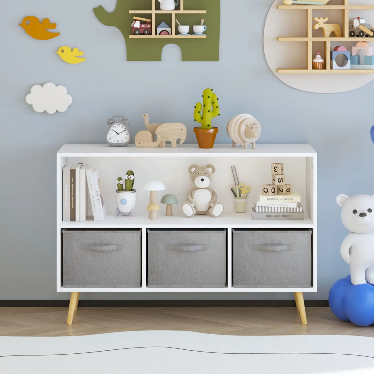 Kids Bookcase With Collapsible Fabric Drawers, Children's Book Display, Toy Storage Cabinet Organizer - White / Gray - Furniture Home Direct