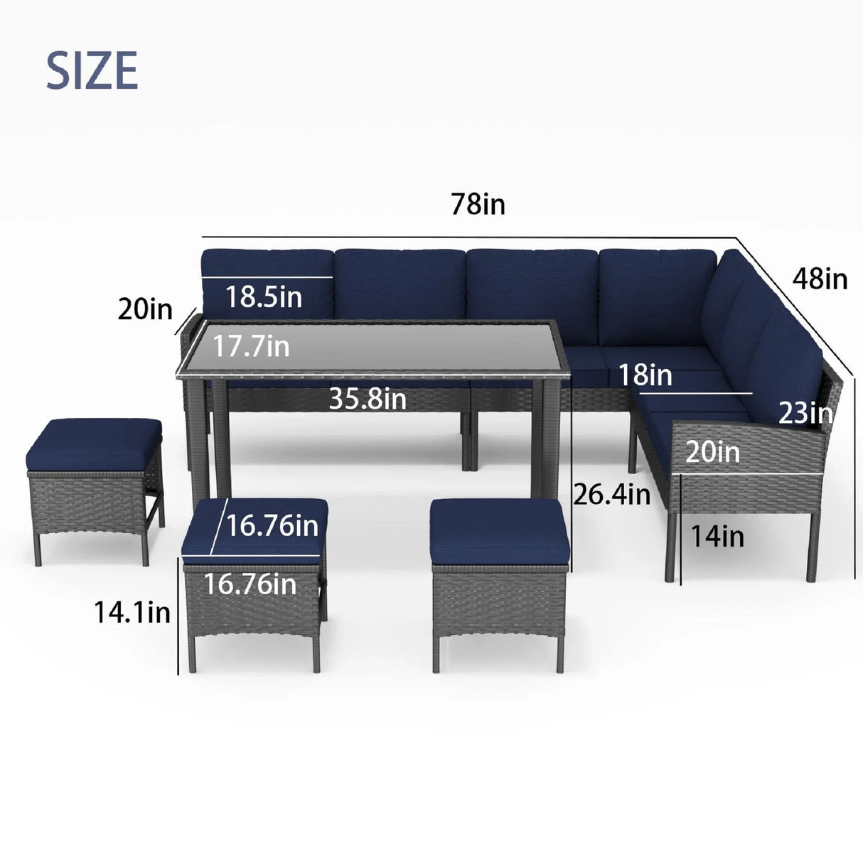 7 Piece Outdoor Furniture Set With Waterproof Cushions, Glass Table, And Space Saving Design - Blue - Furniture Home Direct