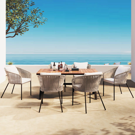 7 Piece All-Weather Patio Dining Set with Acacia Wood Tabletop and Metal Frame - Beige - Furniture Home Direct