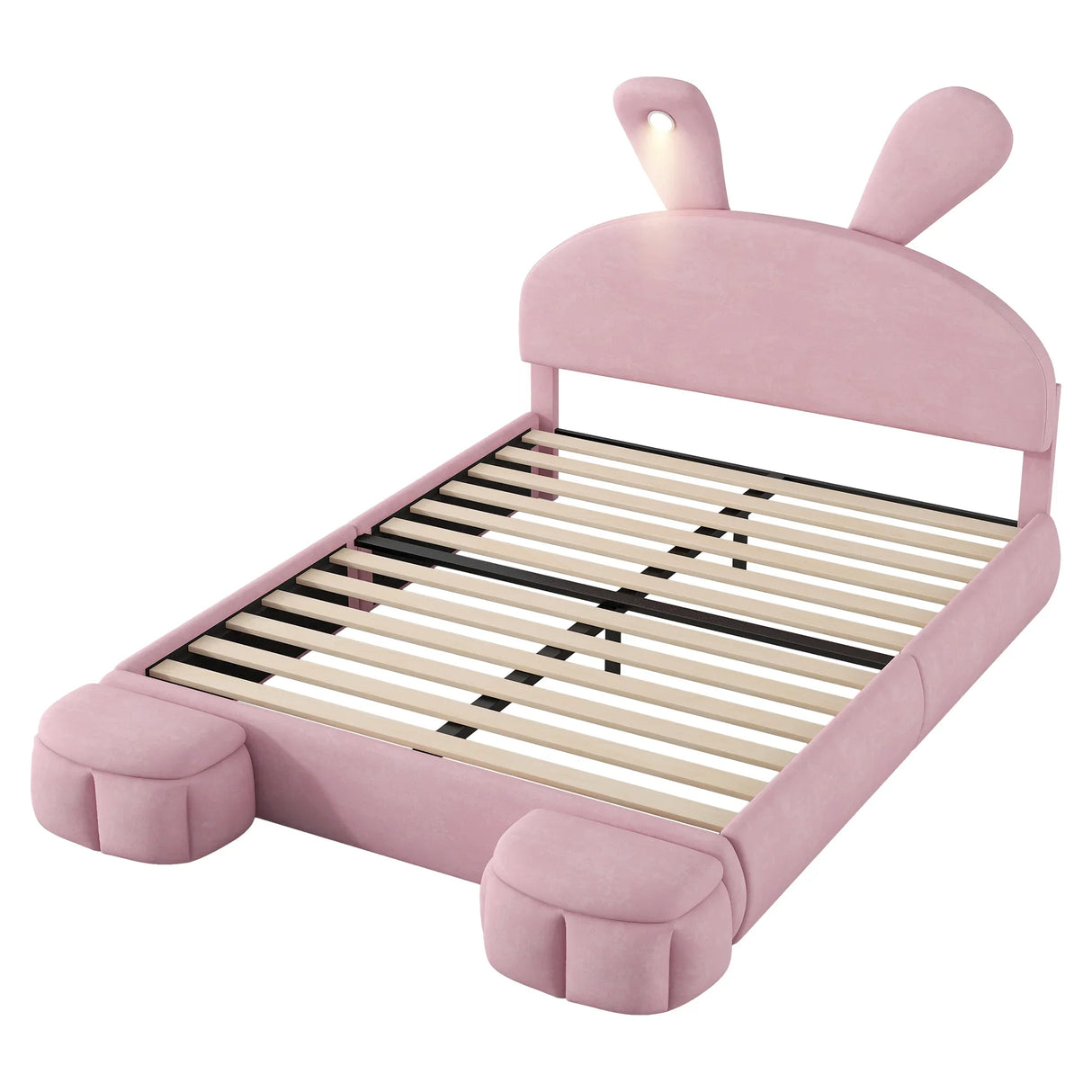 Full Size Upholstered Platform Bed with Cartoon Ears Shaped Headboard and Light, Pink - Furniture Home Direct