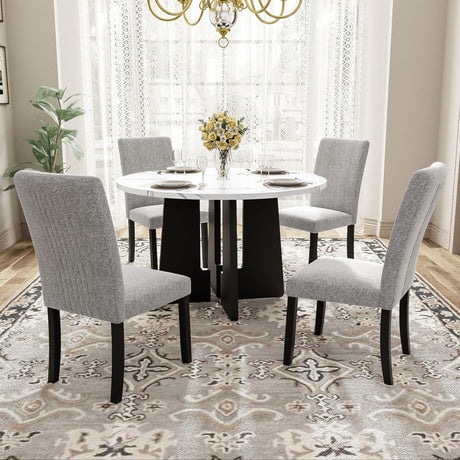 5 Piece Round Dining Table Set, Dining Table And 4 Upholstered Chairs For Dining Room, Kitchen Room, Living Room - White / Gray - Furniture Home Direct