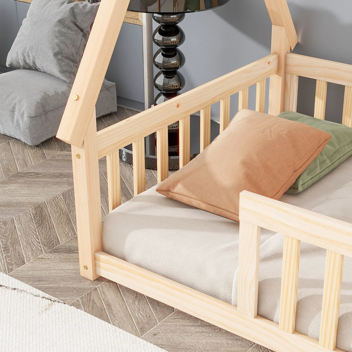 Tent-Shaped Floor Bed, Teepee Bed With Guardrails, Slats - Furniture Home Direct
