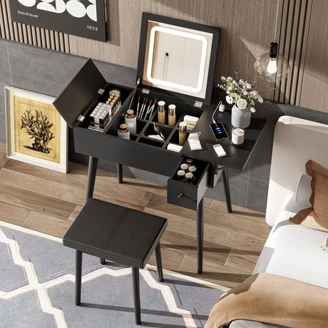 Makeup Vanity Desk With Flip Top Mirror And LED Light, Dressing Table With Charging Station, 2 Drawers And Fold Up Panel, Vanity Set With Cushioned Stool For Bedroom - Black - Furniture Home Direct