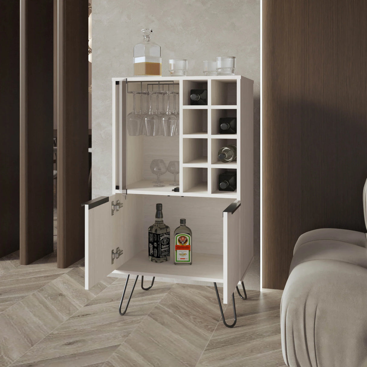 Fairfax WIne Cabinet with glass rack and storage,white - Furniture Home Direct