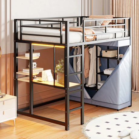 Loft Bed With Desk, Shelves, Power Outlet, LED Light And Wardrobe - Furniture Home Direct
