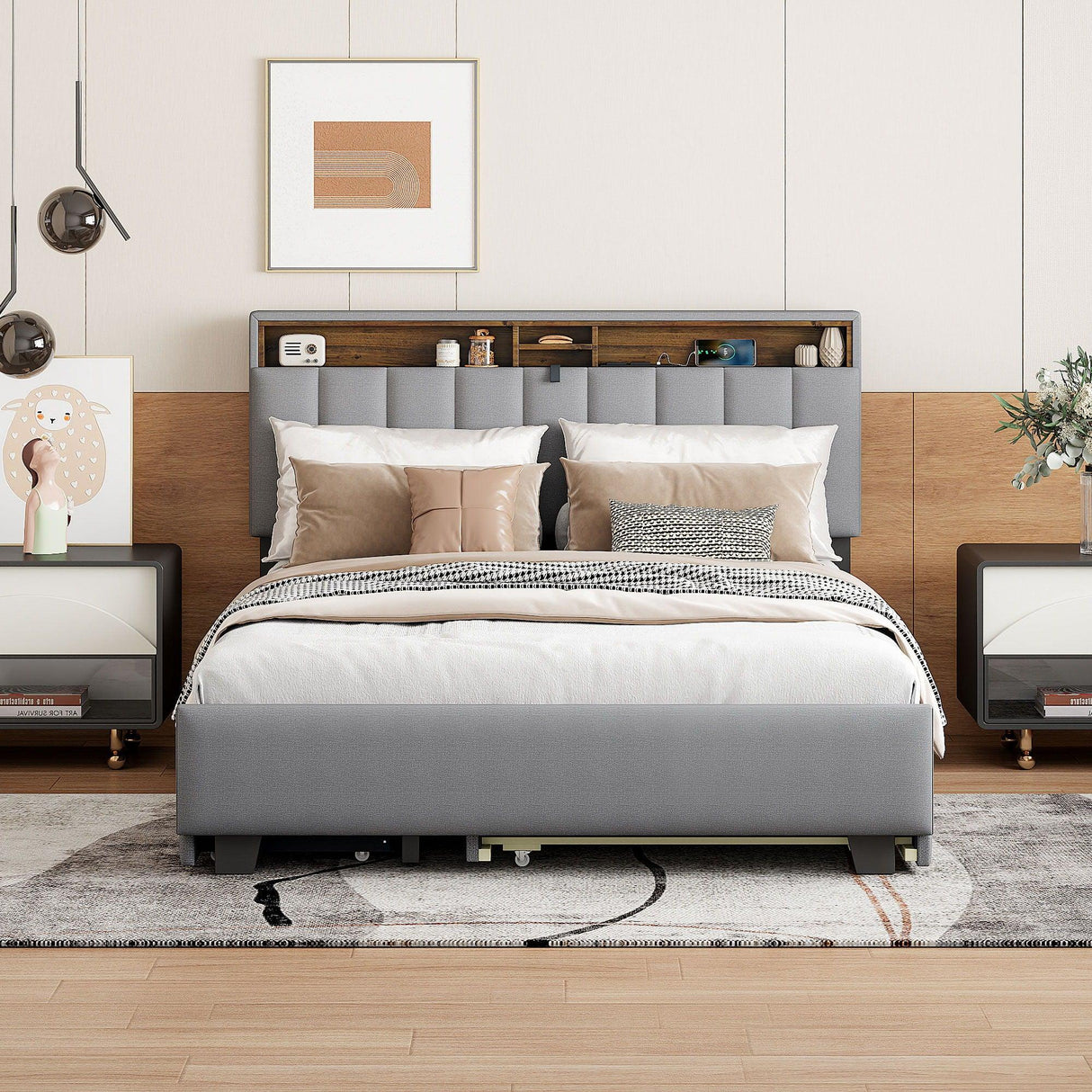 Upholstered Platform Bed With Storage Headboard, Trundle & 2 Drawers And A Set Of Sockets & USB Ports - Furniture Home Direct