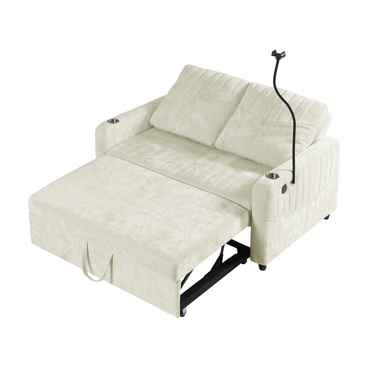 Sleeper Sofa With Adjustable Backrest, Two Cup Holders, Phone Holder, Three Charging Ports And Side Storage Pockets- Beige - Furniture Home Direct