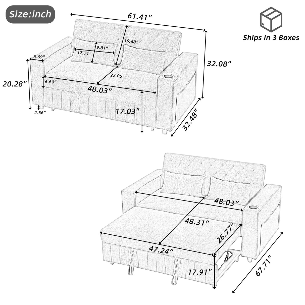 Pull-Out Sofa Bed Convertible Couch With Adjustable Backrest For Living Room - Furniture Home Direct