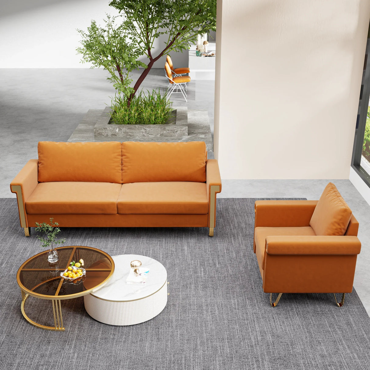 2 Piece living Room Set with Sofa and Chair, Orange Velvet - Furniture Home Direct