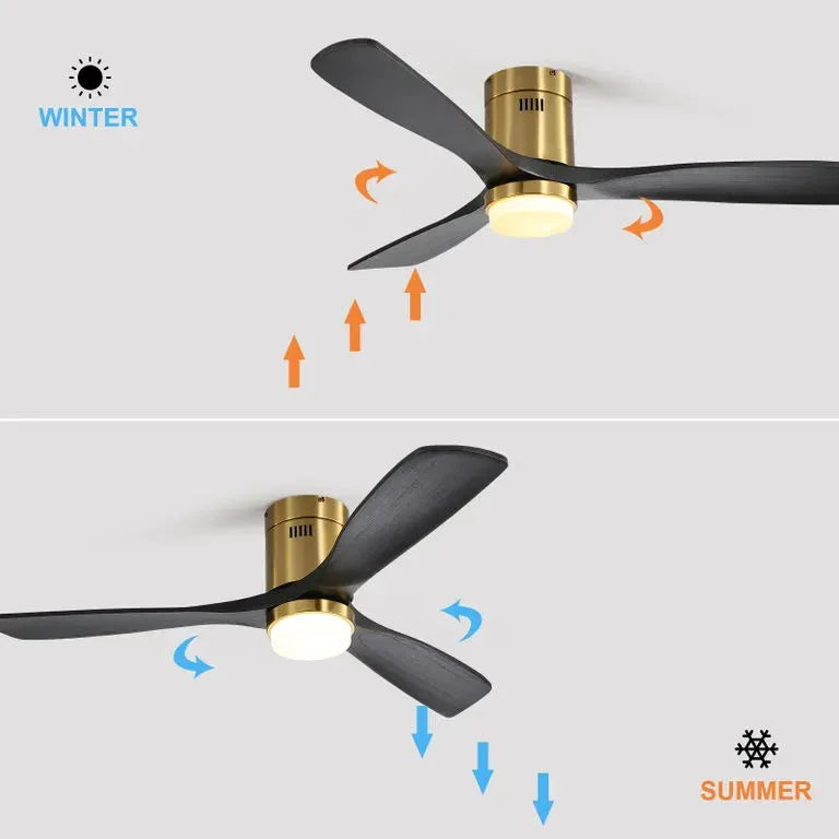 Flush Mount Ceiling Fan With 3 Solid Wood Blades Remote Control Reversible DC Motor For Living Room - Gold - Furniture Home Direct