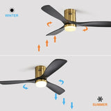 Flush Mount Ceiling Fan With 3 Solid Wood Blades Remote Control Reversible DC Motor For Living Room - Gold - Furniture Home Direct