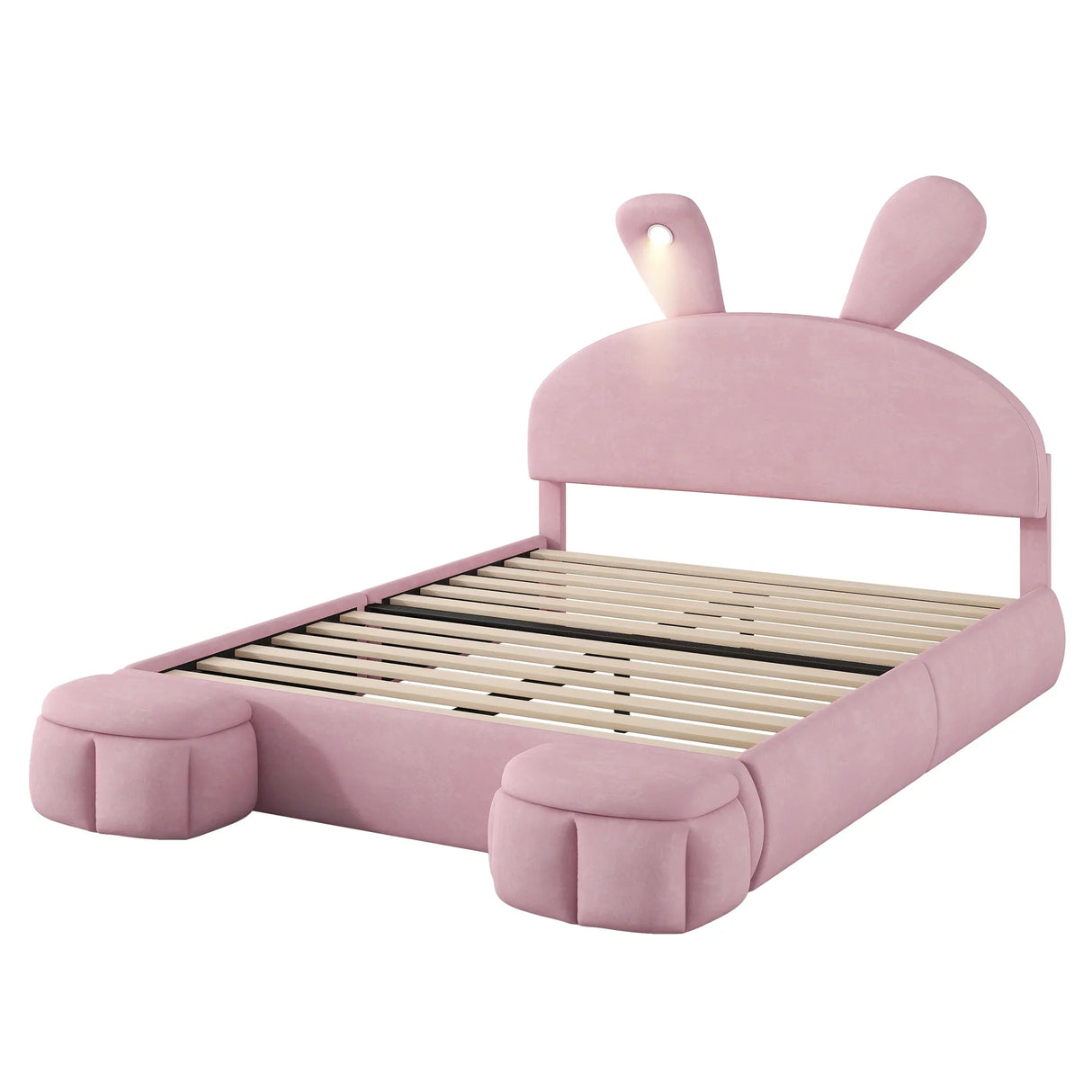 Full Size Upholstered Platform Bed with Cartoon Ears Shaped Headboard and Light, Pink - Furniture Home Direct
