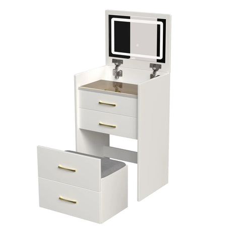Compact 3 In 1 Vanity Desk With Open Top Mirror, Glass Desktop, 5 Height - White - Furniture Home Direct