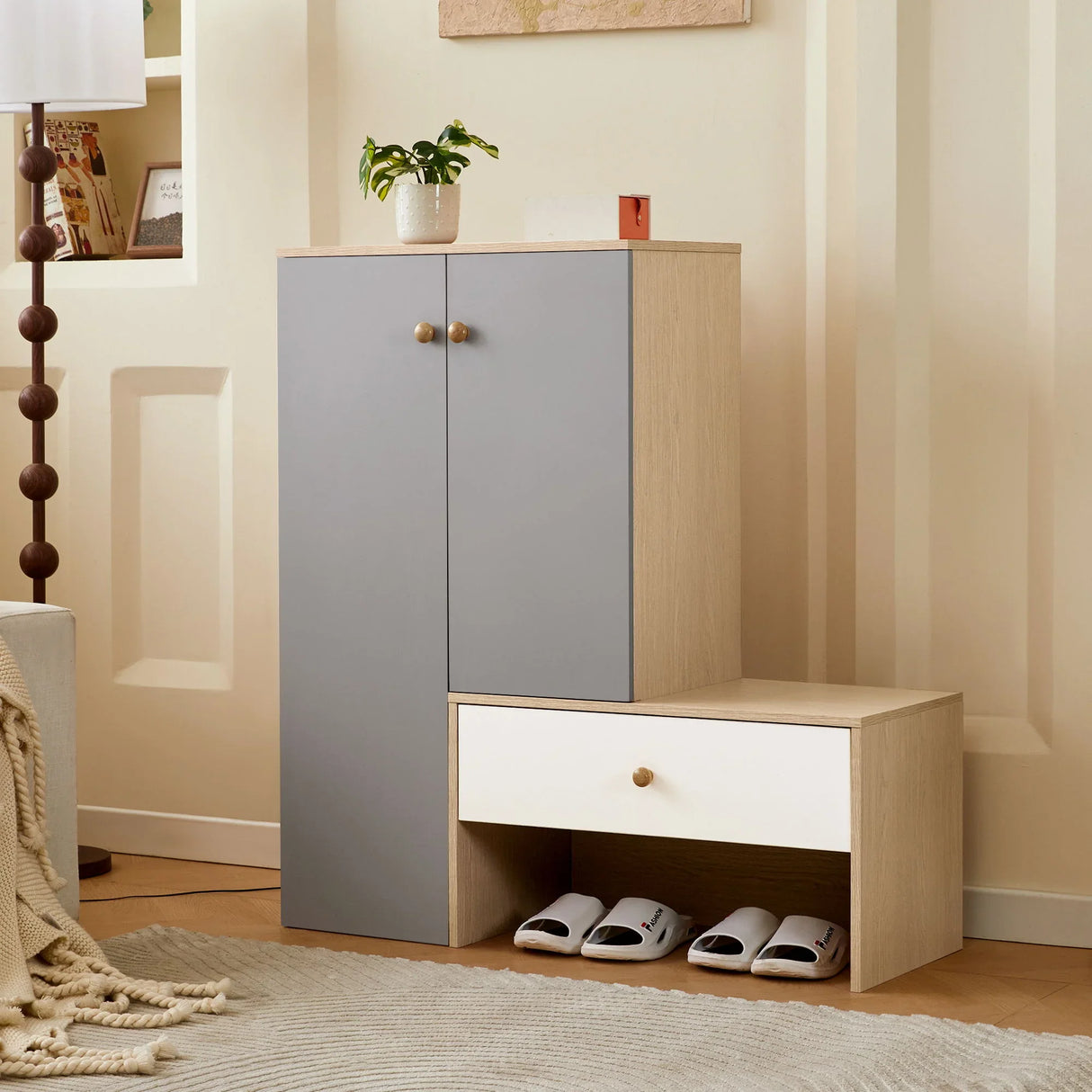 Modern Multi Functional Shoe Storage Bench & Cabinets With Adjustable Shelves - Gray / Natural Wood / White - Furniture Home Direct