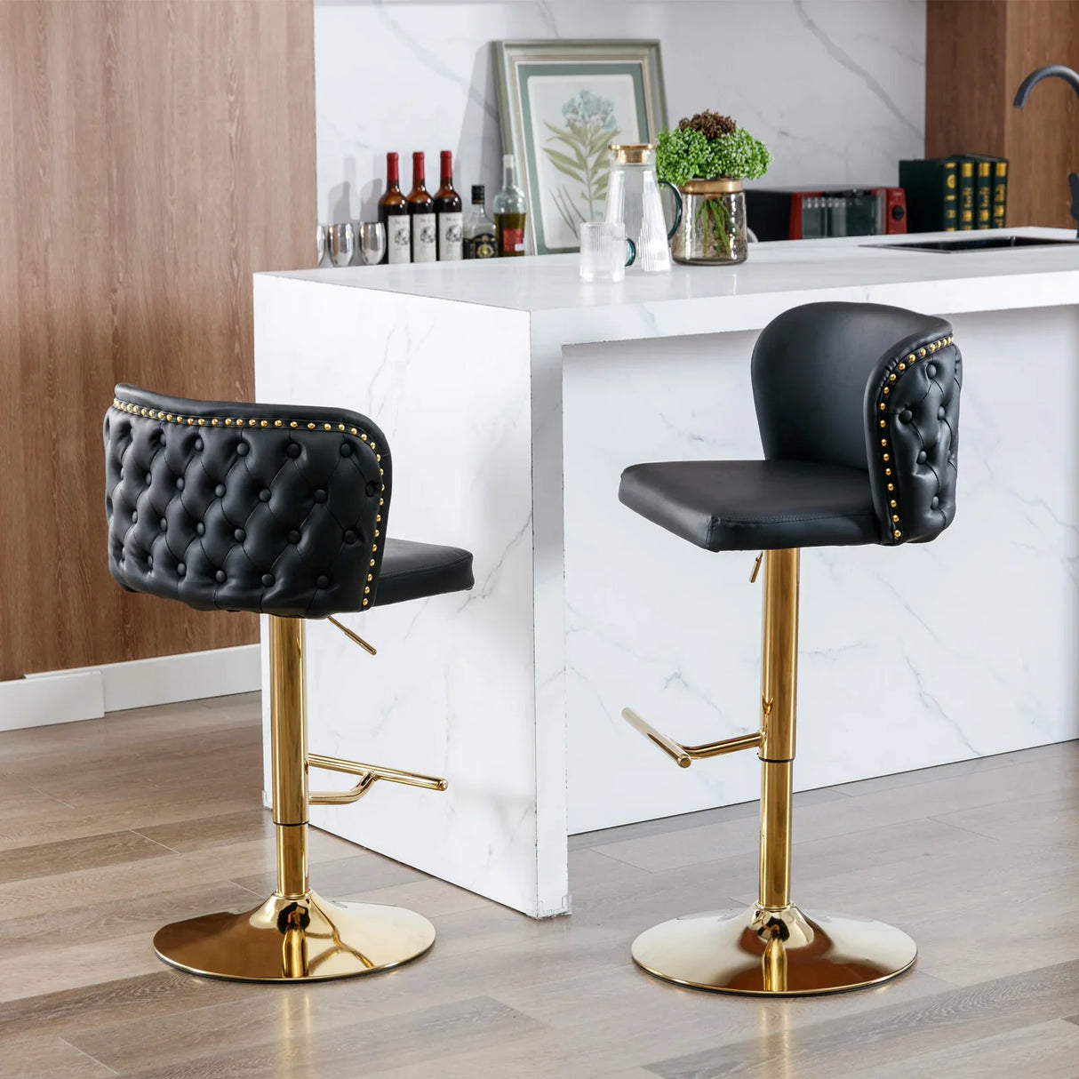 Counter Height Bar Stools Tufted PU Leather Swivel Black - Furniture Home Direct