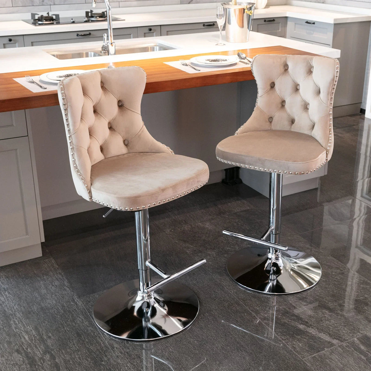 Bar Stool Set Swivel Tufted Velvet Chrome Base Khaki - Furniture Home Direct