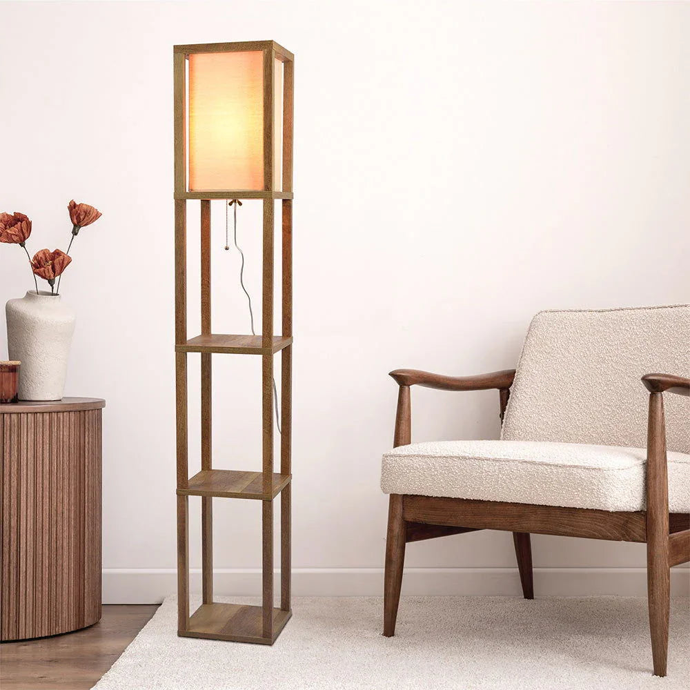 Pinnacle - Shelf Floor Lamp For Bedroom / Living Room, Long Shade - Natural Wood / White - Furniture Home Direct