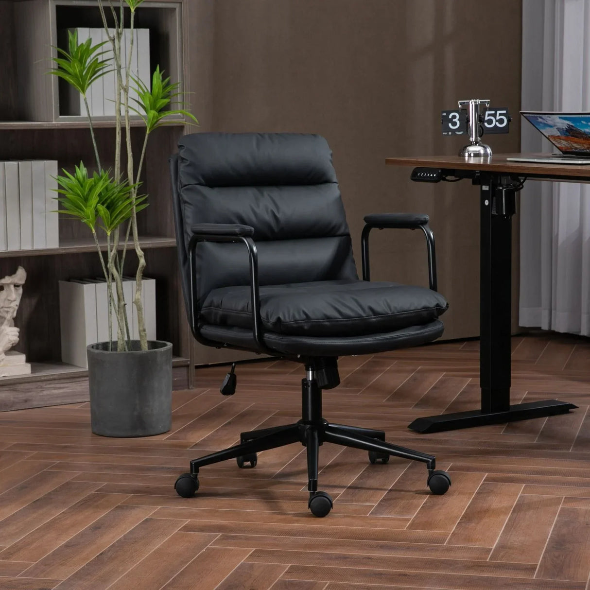 Office Chair, Mid Back Home Office Desk Task Chair With Wheels And Arms Ergonomic PU Leather Computer Rolling Swivel Chair With Padded Armrest - Furniture Home Direct
