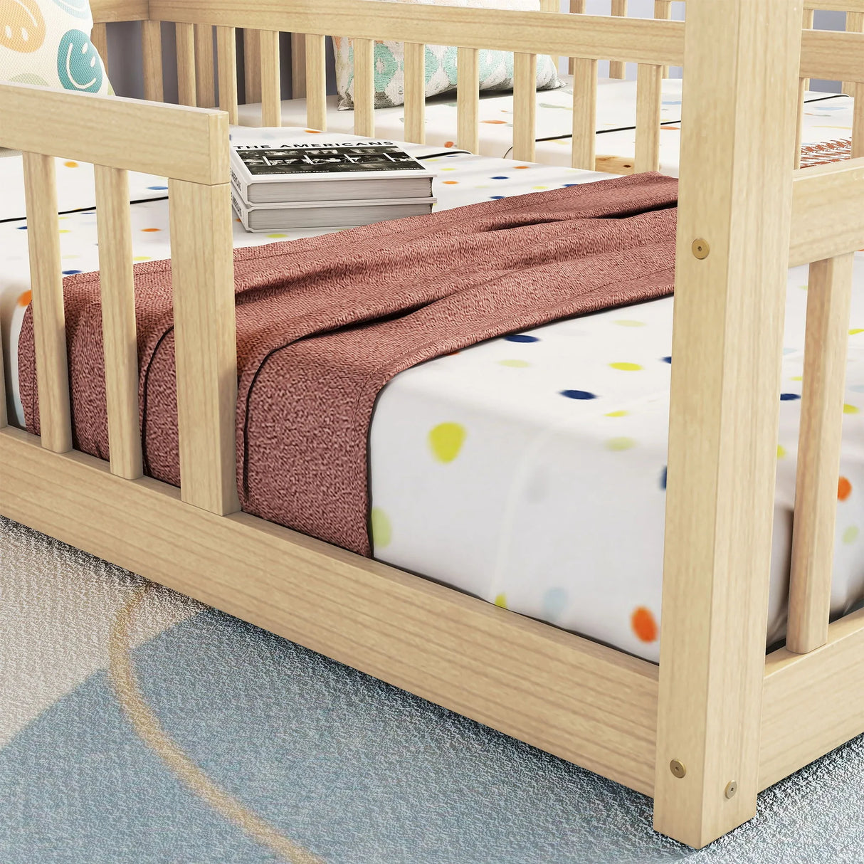 Double Twin House-Style Floor Bed With Fence, Guardrails, Without Door - Furniture Home Direct