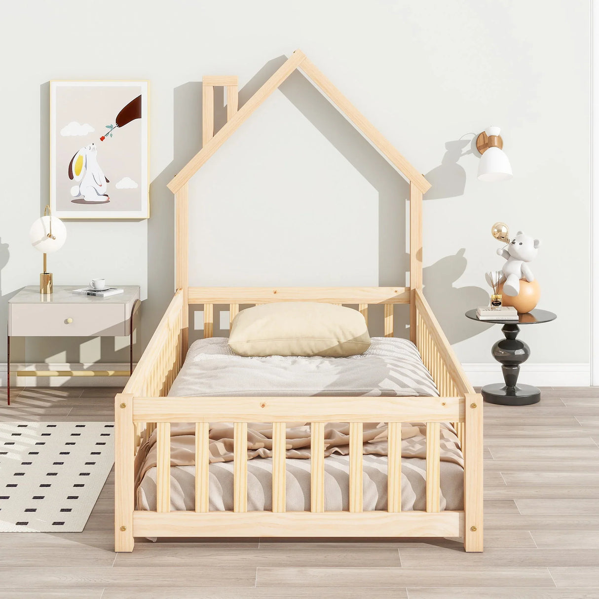 House-Shaped Headboard Floor Bed With Fence - Furniture Home Direct