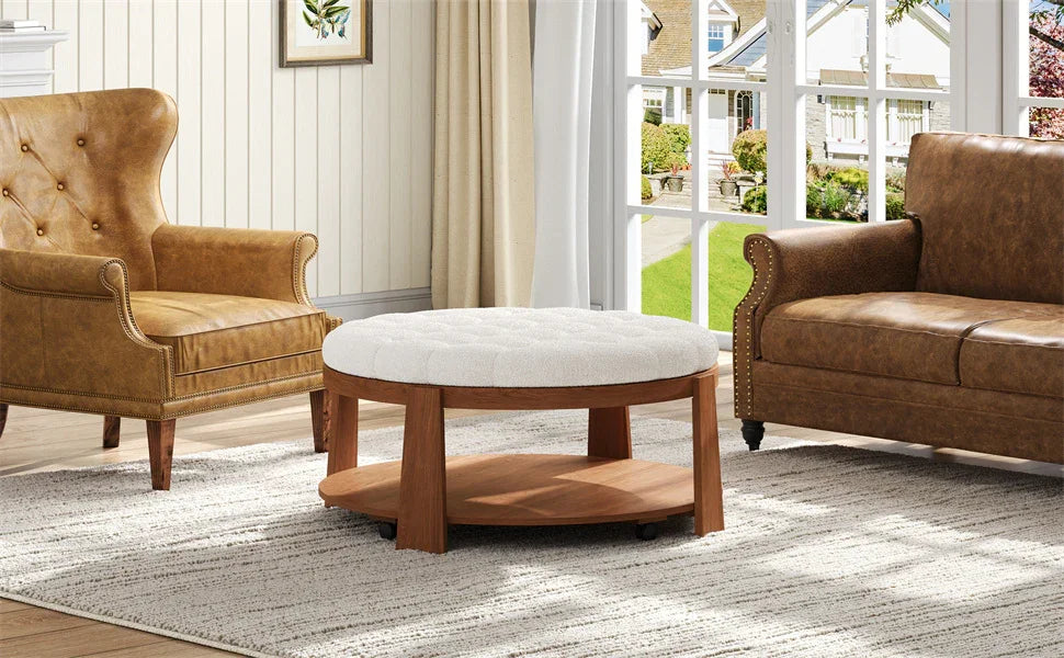 Round Ottoman Coffee Table with Upholstered Top Ivory White - Furniture Home Direct