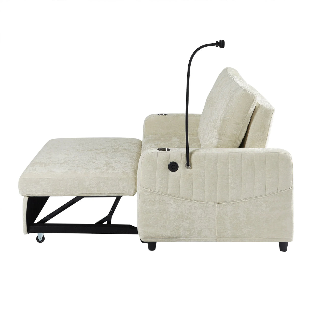 Sleeper Sofa With Adjustable Backrest, Two Cup Holders, Phone Holder, Three Charging Ports And Side Storage Pockets- Beige - Furniture Home Direct