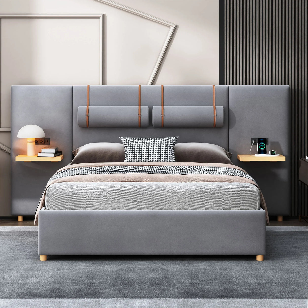 Upholstered Platform Bed, 2 Outlets And USB Charging Ports On Both Sides, 2 Bedside Pillows, Storage Shelves - Furniture Home Direct