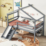 Low Loft House Bed With Slide, Ladder, Safety Guardrails, House Roof Frame - Furniture Home Direct