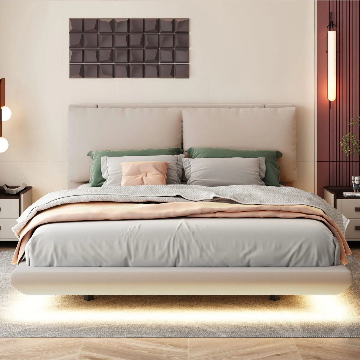 Upholstered Platform Bed With Sensor Light And 2 Large Backrests, With 2 Sets Of USB Port And Socket On Each Rear Bed Leg - Furniture Home Direct