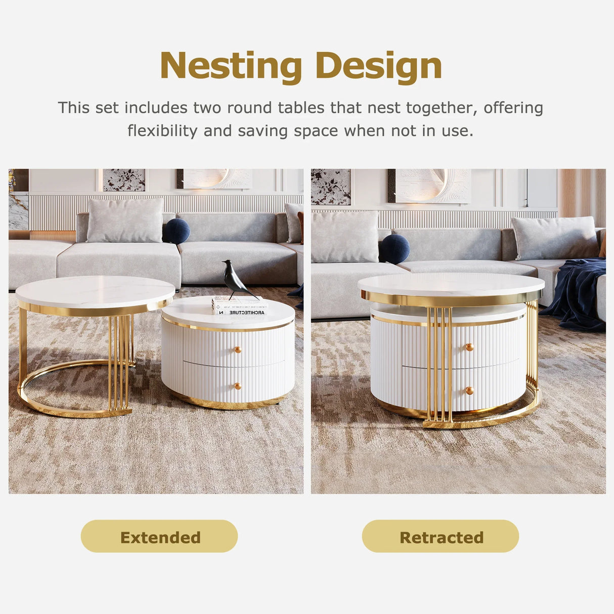 Nesting Coffee Tables With Drawers Round White And Gold - Furniture Home Direct
