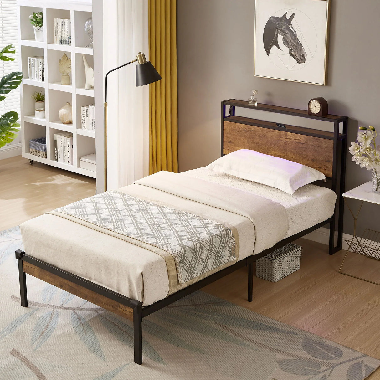 Metal Platform Bed Frame With Wooden Headboard And Footboard With USB Liner, No Box Spring Needed, Under Bed Storage - Furniture Home Direct