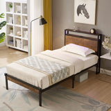 Metal Platform Bed Frame With Wooden Headboard And Footboard With USB Liner, No Box Spring Needed, Under Bed Storage - Furniture Home Direct