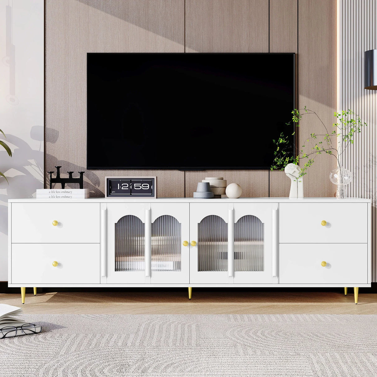 Modern TV Stand With Glass Door, 4 Drawers And 2 Cabinets - Furniture Home Direct