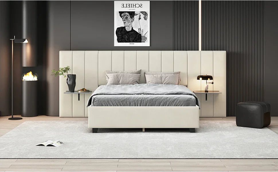 Queen Bed Upholstered Platform Tall Headboard Beige - Furniture Home Direct